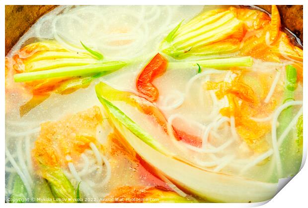 Rice noodle soup with pumpkin flowers Print by Mykola Lunov Mykola