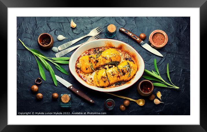Baked pumpkin with spice herbs,top view Framed Mounted Print by Mykola Lunov Mykola