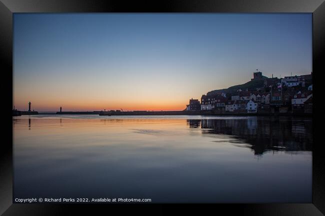 Whitby Dawn Reflections Framed Print by Richard Perks