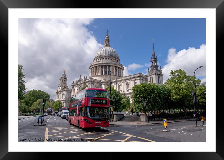 Red bus at St.Paul`s. Framed Mounted Print by Clive Wells