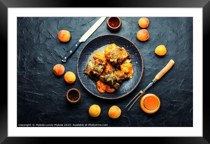 Beef ribs in apricots,top view Framed Mounted Print by Mykola Lunov Mykola