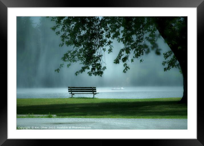 "Enchanting Serenity: A Park Bench by the Misty La Framed Mounted Print by Ken Oliver