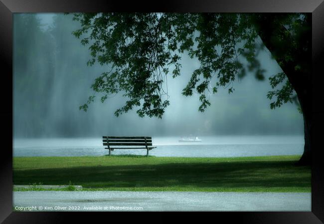 "Enchanting Serenity: A Park Bench by the Misty La Framed Print by Ken Oliver