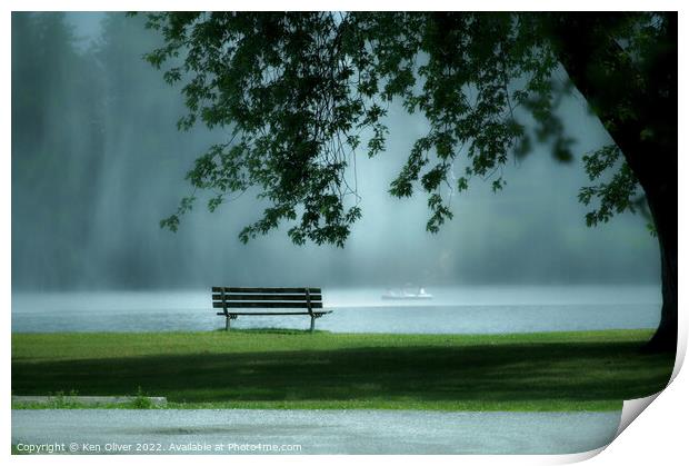 "Enchanting Serenity: A Park Bench by the Misty La Print by Ken Oliver