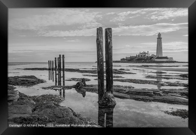 St Marys Lighthouse in reflection Framed Print by Richard Perks