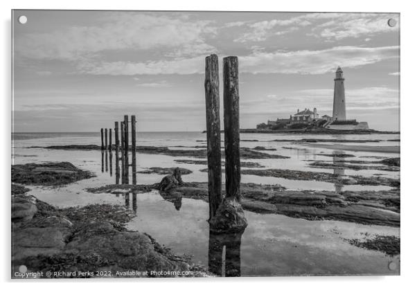 St Marys Lighthouse in reflection Acrylic by Richard Perks