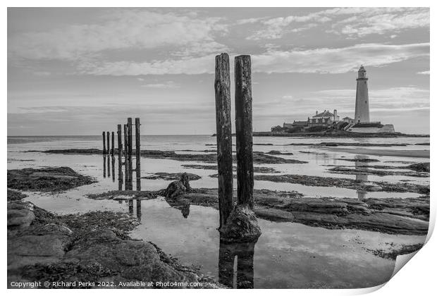 St Marys Lighthouse in reflection Print by Richard Perks