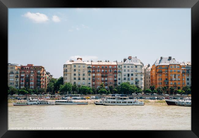 Pest district with Danube river in Budapest Framed Print by Sanga Park