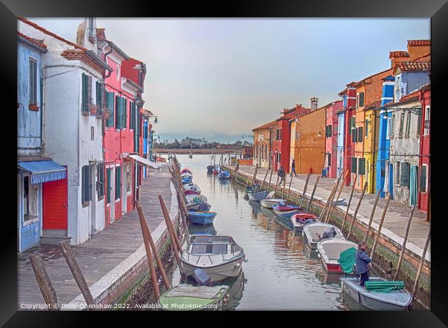 Burano - Canal houses and boats Framed Print by Philip Openshaw