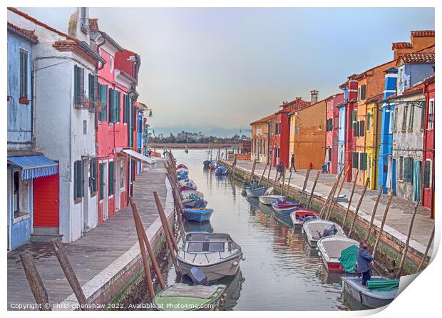 Burano - Canal houses and boats Print by Philip Openshaw