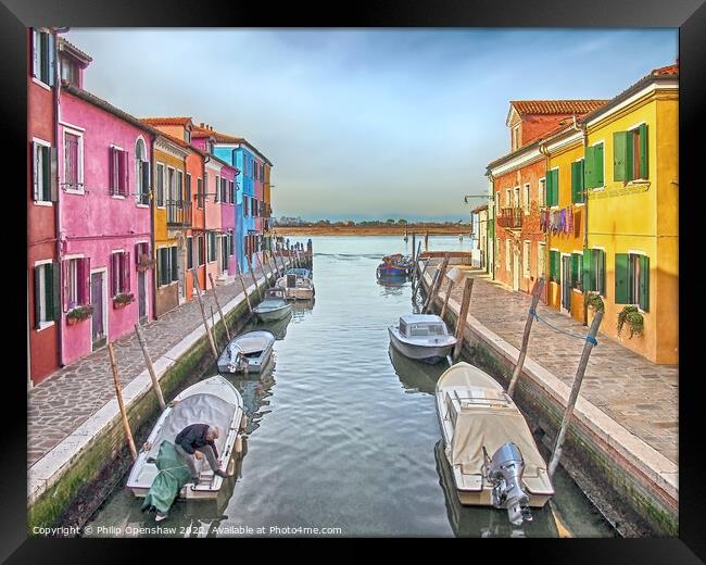 Burano - Canal to the sea Framed Print by Philip Openshaw