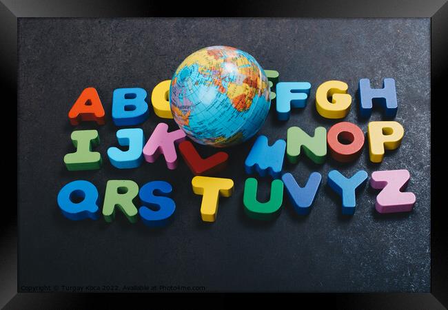 Abc wooden alphabet letters and globe for learning Framed Print by Turgay Koca