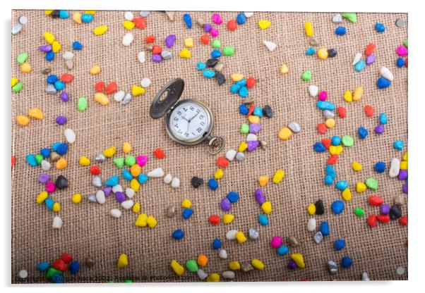 Pocket watch amid Colorful pebbles  Acrylic by Turgay Koca
