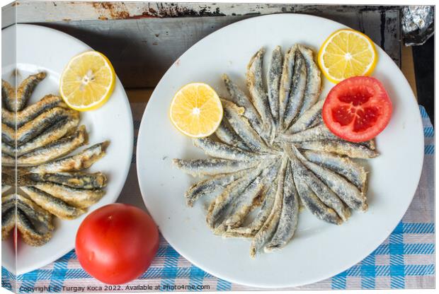 Tray with ready to fry anchovies fish Canvas Print by Turgay Koca
