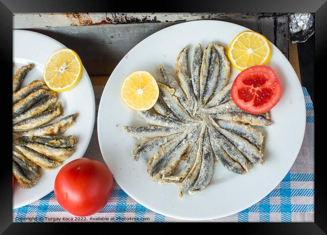 Tray with ready to fry anchovies fish Framed Print by Turgay Koca