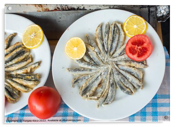 Tray with ready to fry anchovies fish Acrylic by Turgay Koca