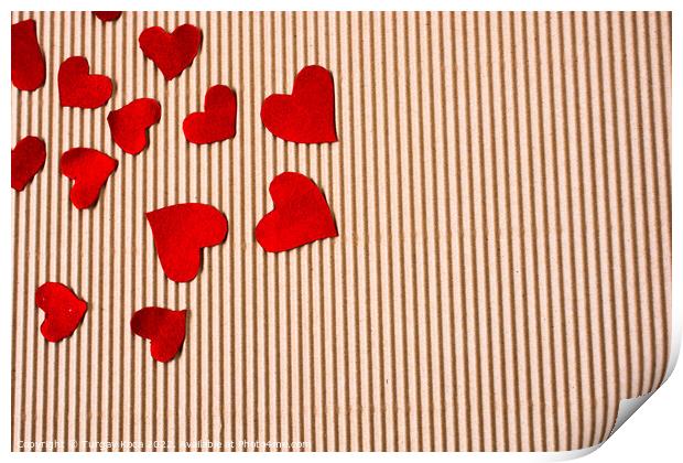 Red color paper hearts on a brown cardboard Print by Turgay Koca