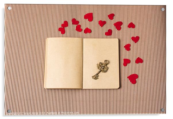 paper hearts around notebook with a retro key  Acrylic by Turgay Koca