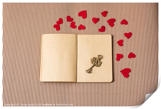 paper hearts around notebook with a retro key  Print by Turgay Koca