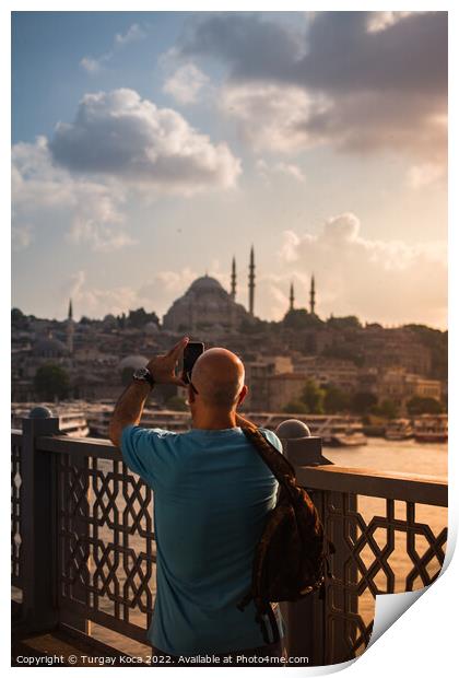 Man  taking pictures on Galata bridge. Vacation in Istanbul.  Print by Turgay Koca