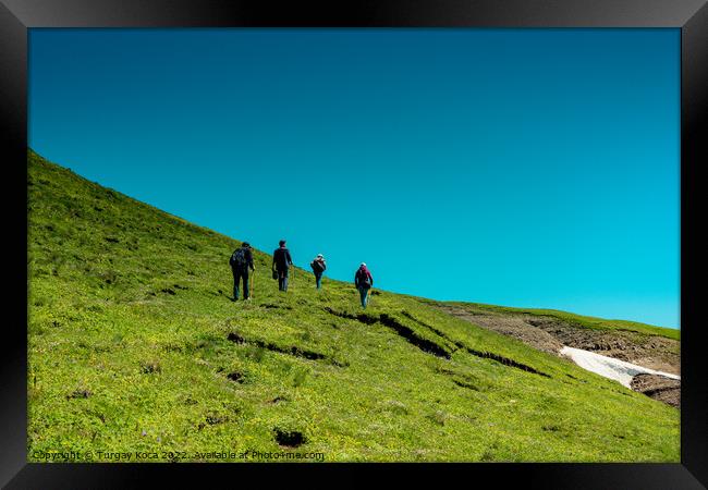 hikers with backpacks and trekking poles walking in Artvin highl Framed Print by Turgay Koca