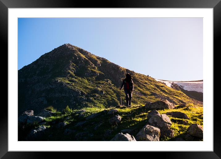 hiker trekking poles walking in Artvin highland Framed Mounted Print by Turgay Koca