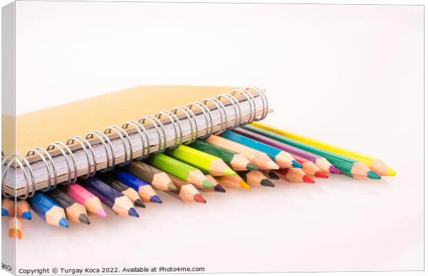 color pencils of various colors near a notebook Canvas Print by Turgay Koca