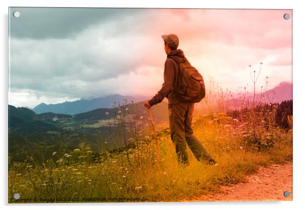 hiker trekking poles walking in Artvin highland Acrylic by Turgay Koca