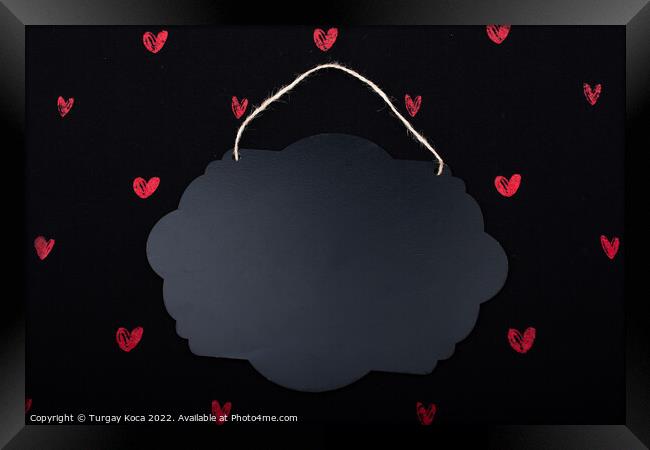 Black speech bubble shaped notice board  and red hearts Framed Print by Turgay Koca