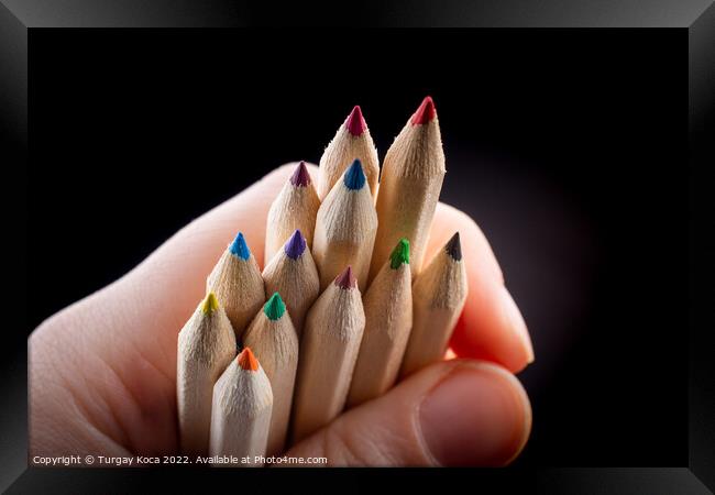 Hand holding colored pencils for creative idea and concept.  Framed Print by Turgay Koca