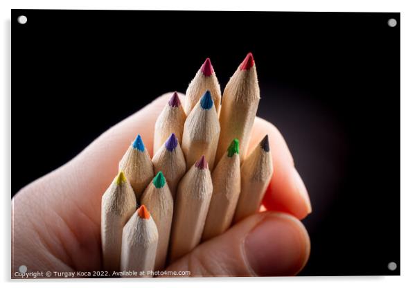 Hand holding colored pencils for creative idea and concept.  Acrylic by Turgay Koca
