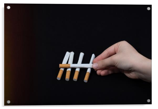 Hand is holding crossed cigarettes on black background Acrylic by Turgay Koca