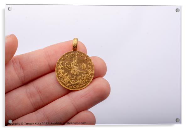 Turkish Ottoman style gold coin in hand Acrylic by Turgay Koca