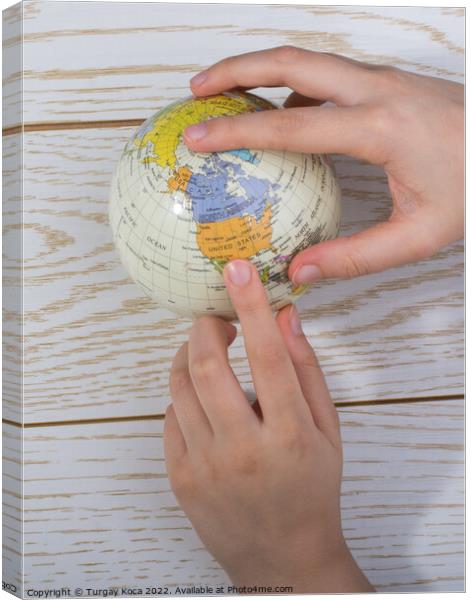 Hand holding a globe  with the map on it Canvas Print by Turgay Koca