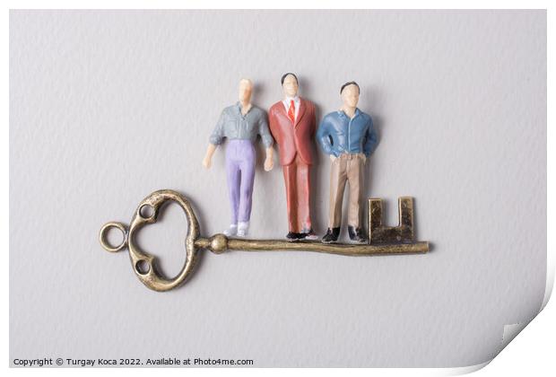 Tiny figurine of man model and retro key Print by Turgay Koca