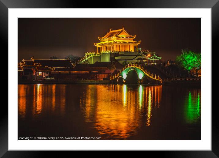 Ancient Dragon Pavilion Night Reflection Kaifeng China Framed Mounted Print by William Perry