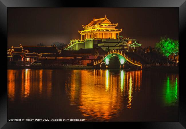 Ancient Dragon Pavilion Night Reflection Kaifeng China Framed Print by William Perry
