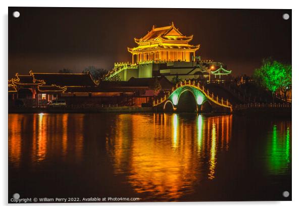 Ancient Dragon Pavilion Night Reflection Kaifeng China Acrylic by William Perry