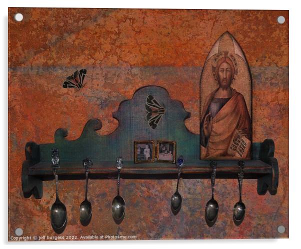 Still life spoons with moths Acrylic by jeff burgess