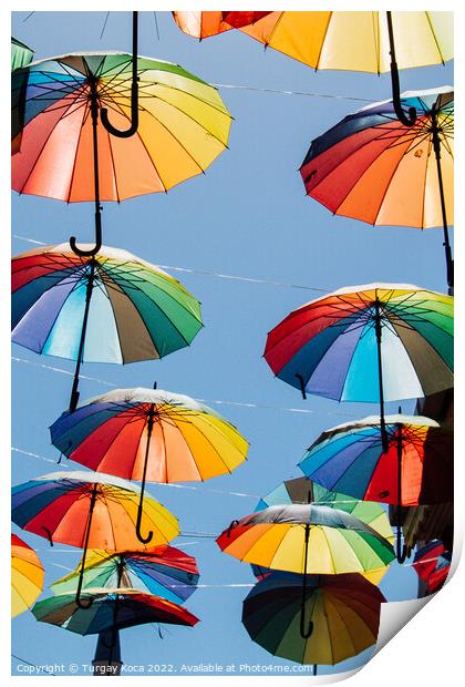 Colored umbrellas hanging above the street Print by Turgay Koca