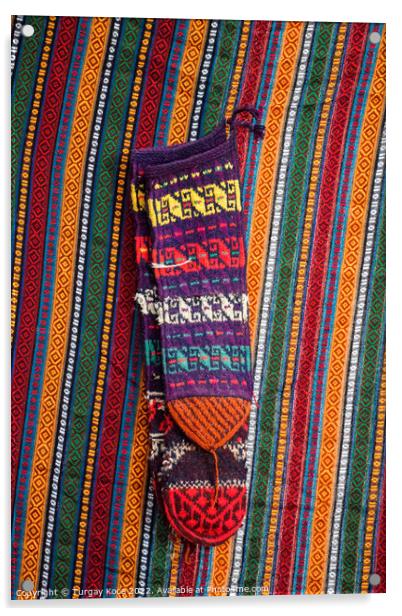 handmade colorful Turkish ethnic styled woven socks Acrylic by Turgay Koca