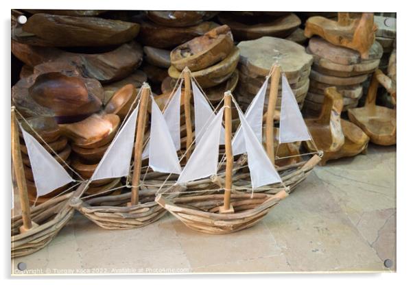 Hand made sail boats in view Acrylic by Turgay Koca