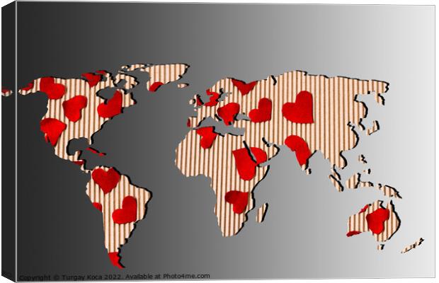Roughly outlined world map withheart shapes fillings Canvas Print by Turgay Koca
