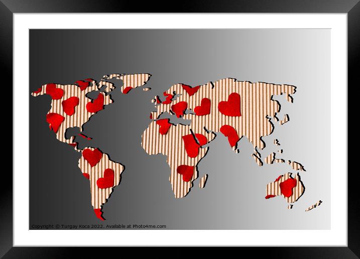 Roughly outlined world map withheart shapes fillings Framed Mounted Print by Turgay Koca