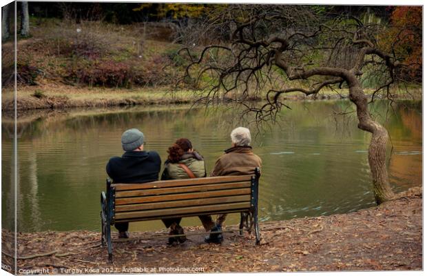 People seat on wooden bench by the lake in nature Canvas Print by Turgay Koca
