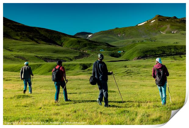 hikers with backpacks and trekking poles walking in Artvin highl Print by Turgay Koca
