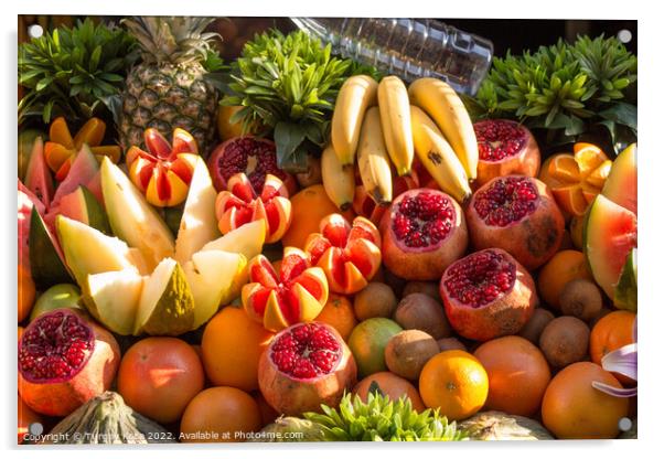 Grapefruits, mangoes, pomegranates, oranges, bananas and melons  Acrylic by Turgay Koca