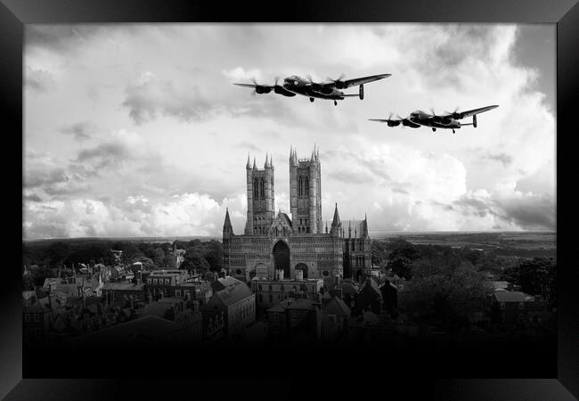 Lancaster Over Lincoln Cathedral - Mono Version Framed Print by J Biggadike
