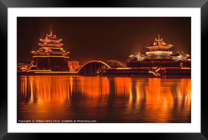 Ancient Temple Night Reflection Jinming Lake Kaifeng China Framed Mounted Print by William Perry