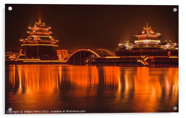 Ancient Temple Night Reflection Jinming Lake Kaifeng China Acrylic by William Perry